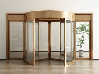 Modern Bronze Revolving Door With Glass Panels And Indoor Plant 3d model