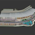 Playful Cartoon Modern Building Scene With Curved Roof Swimming Pool And Terrace
