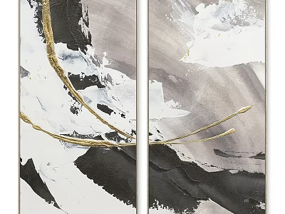 Modern Abstract Diptych Artwork With Black White Gray Tones And Golden Lines 3d model