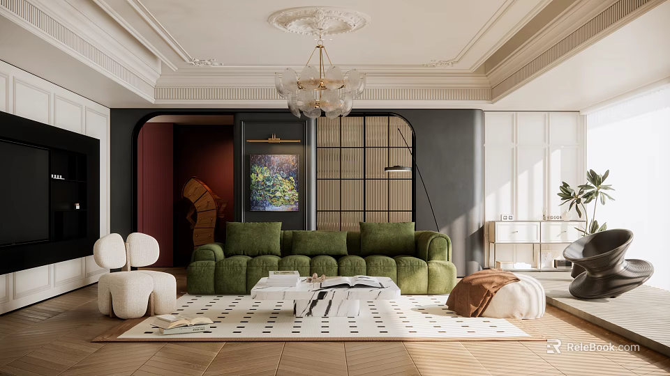 Luxurious Living Room Interior With Green Sofa Chandelier And Decorative Elements 3d model