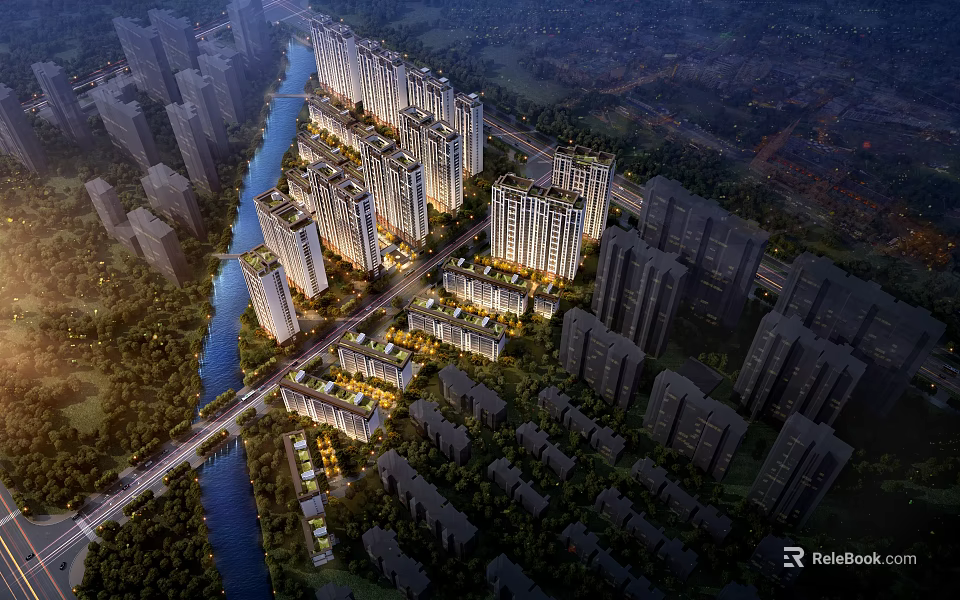 Aerial Planning Of Urban Residential Area With River 3d model 
