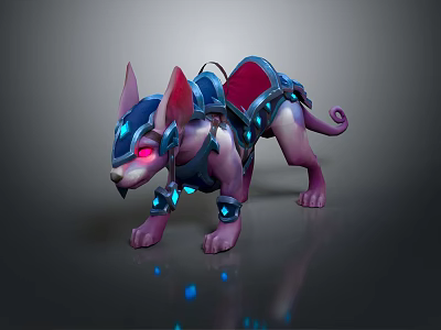 Fantasy Armored Creature With Purple Body Spiked Ears Blue Glowing Accents And Red Saddle 3d model