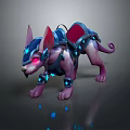 Fantasy Armored Creature With Purple Body Spiked Ears Blue Glowing Accents And Red Saddle