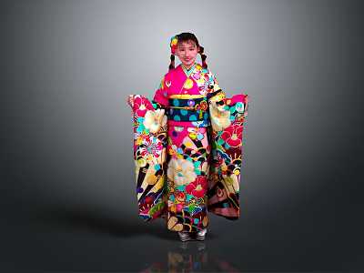 Woman Wearing Colorful Kimono With Floral Patterns Standing Against Gray Background 3d model