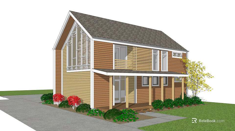 Rural Self Built House Exterior With Wooden Structure Large Windows Porch And Lawn 3d model 