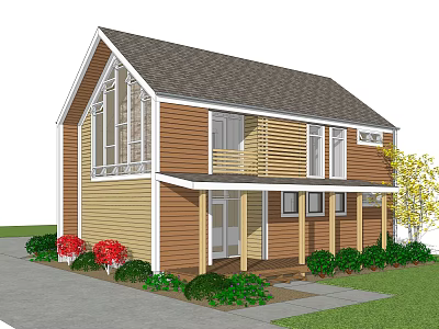 Rural Self Built House Exterior With Wooden Structure Large Windows Porch And Lawn 3d model