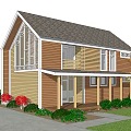 Rural Self Built House Exterior With Wooden Structure Large Windows Porch And Lawn