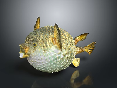Spiky Round Pufferfish With Golden Green Body And Fins On Dark Background 3d model