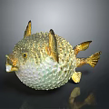 Spiky Round Pufferfish With Golden Green Body And Fins On Dark Background