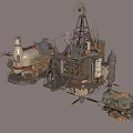 Floating Mechanical Airships With Steampunk Design And Metal Components In Blue Sky