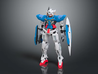 Blue White Red Mecha Robot Character With Shield Weapon And Action Pose 3d model