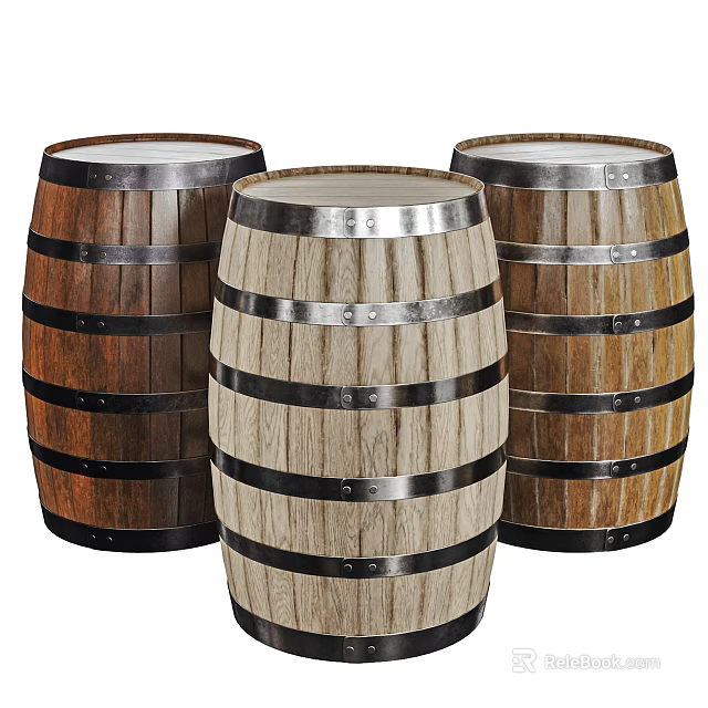 Decorative Barrel Decor Set with Wooden Staves and Metal Hoops Three Assorted Color Barrels 3d model 