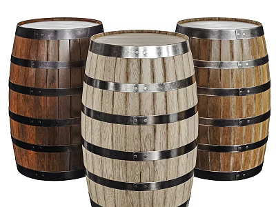 Decorative Barrel Decor Set with Wooden Staves and Metal Hoops Three Assorted Color Barrels 3d model