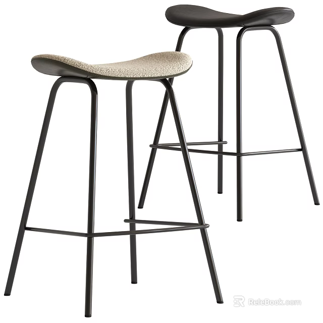 Modern Bar Stools With Black Metal Frame And Light Beige Cushioned Seat 3d model 