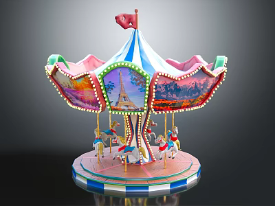 Colorful Amusement Park Carousel Ride With Decorative Canopy Flags Horses And Eiffel Tower Paintings 3d model
