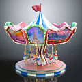 Colorful Amusement Park Carousel Ride With Decorative Canopy Flags Horses And Eiffel Tower Paintings