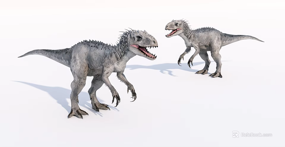 Two Reptile Dinosaurs With Gray Skin Sharp Teeth Open Mouths Standing Posture 3d model