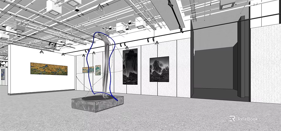 Art Gallery Interior With Sculpture And Wall Paintings On 3d model 