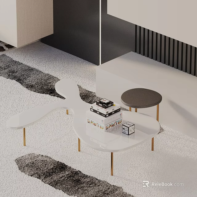 Modern Sofa Coffee Table Combination With White Tabletop Gold Legs And Round Black Side Table 3d model