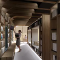 Book Art Inspired Library Interior With Wooden Beam Ceiling And Reading Tables