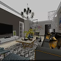 Modern Living Dining Room Open Concept With Gray Sofa Yellow Pillows Chandelier And Decorative Paintings