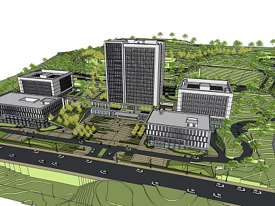 Modern Office Buildings With Contemporary Architecture Green Landscaping And Roads 3d model