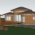 Wooden House With Round Roofs Surrounded by Lush Green Trees and Natural Stone Decorations