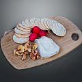 Delicious Assorted Food Platter On Wooden Cutting Board With Crackers Strawberries Walnuts And Cheese