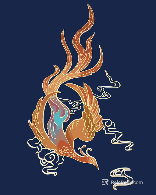 Carved Phoenix Artwork With Colorful Feathers And Cloud Patterns On Dark Blue Background 3d model