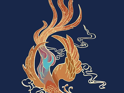 Carved Phoenix Artwork With Colorful Feathers And Cloud Patterns On Dark Blue Background 3d model