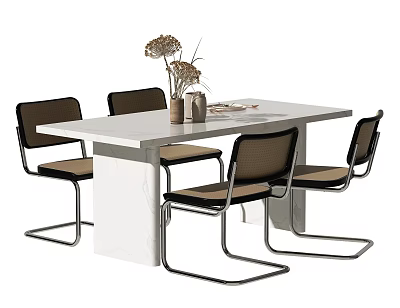 Modern Dining Table Set Featuring White Tabletop Metal Leg Chairs And Decorative Vase 3d model