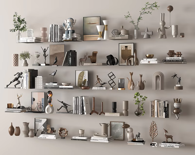 Modern Decorative Ornament Set With Multi Tiered Shelves Vases Sculptures And Photo Frames 3d model 
