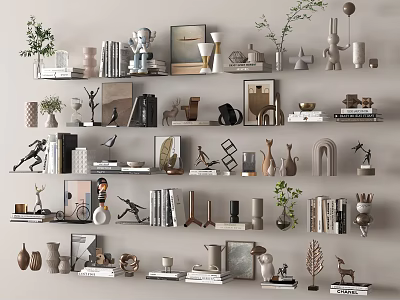 Modern Decorative Ornament Set With Multi Tiered Shelves Vases Sculptures And Photo Frames 3d model