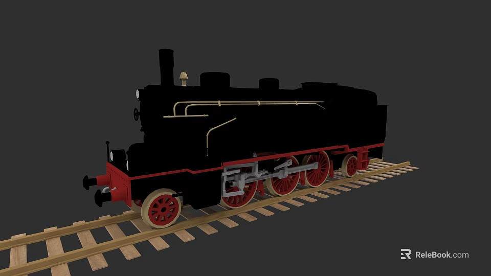 Classic Black Steam Train Model With Red Wheels On Wooden Tracks 3d model 