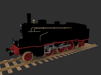 Classic Black Steam Train Model With Red Wheels On Wooden Tracks 3d model