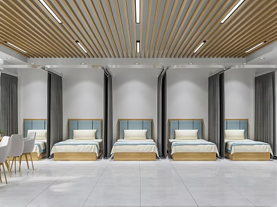 Spacious Room With Five Beds Blue Headboards White Floor Wooden Slat Ceiling Lights Gray Curtains 3d model