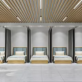 Spacious Room With Five Beds Blue Headboards White Floor Wooden Slat Ceiling Lights Gray Curtains