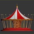 Children Playing On Colorful Carousel With Red And White Striped Top And Golden Decorations