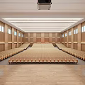 Large Conference Room Interior With Red Stage Arranged Seats And Posters On Both Sides