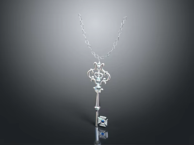 Delicate Silver Key Shaped Necklace With Decorative Pendant And Diamond Charm 3d model