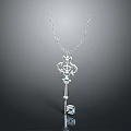 Delicate Silver Key Shaped Necklace With Decorative Pendant And Diamond Charm