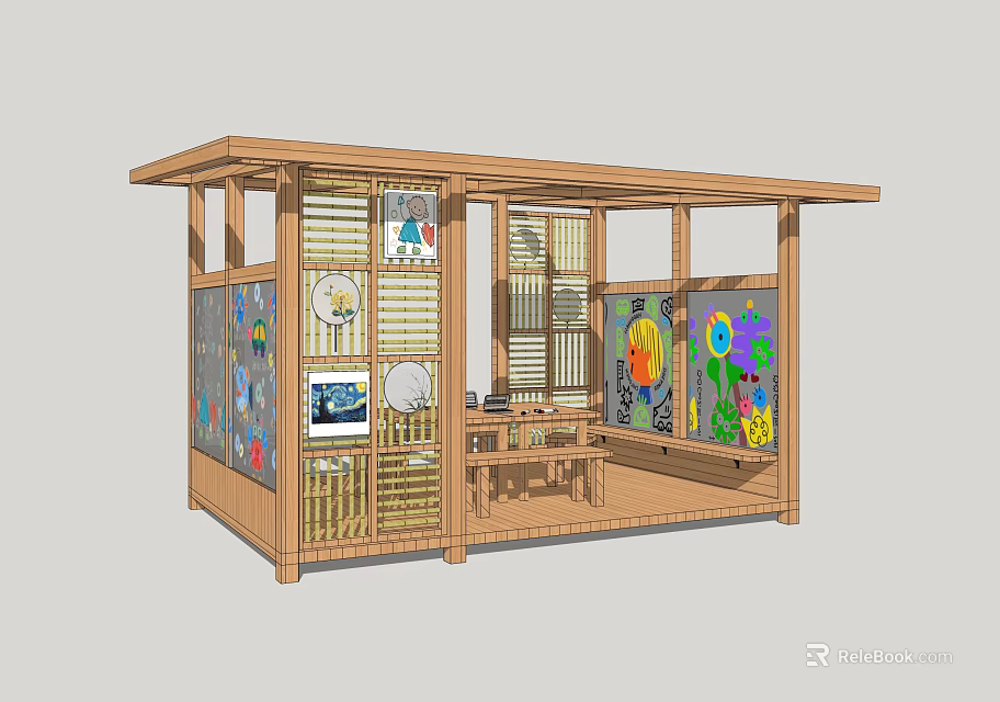 Wooden Pavilion With Decorative Paintings Windows And Interior Tables For Children 3d model 