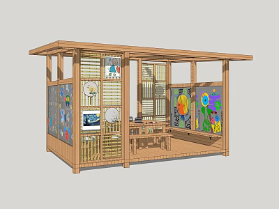 Wooden Pavilion With Decorative Paintings Windows And Interior Tables For Children 3d model