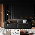 Black Leather Two-Seater Sofa With Throw Pillows Modern Floor Lamp Dark Walls Interior