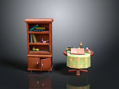 Brown Wooden Bookshelf With Multiple Shelves And Small Round Table With Tablecloth Books And Candle 3d model
