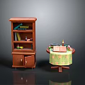 Brown Wooden Bookshelf With Multiple Shelves And Small Round Table With Tablecloth Books And Candle
