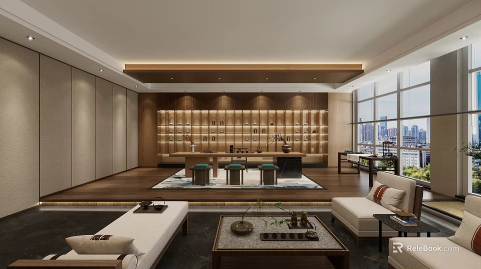Modern Tea House Interior Design With Wooden Shelves And City View Windows 3d model 