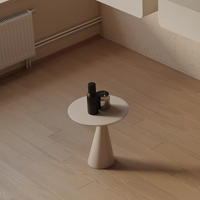 White Round Side Table with Conical Base and Black Bottle Silver Canister on Wooden Floor 3d model