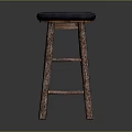 Rustic Wooden Bar Stool With Dark Blue Padded Seat And Textured Legs