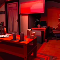 Cartoon Style Attic Room With Red Toned Wooden Table Candles Books And Computer Chair